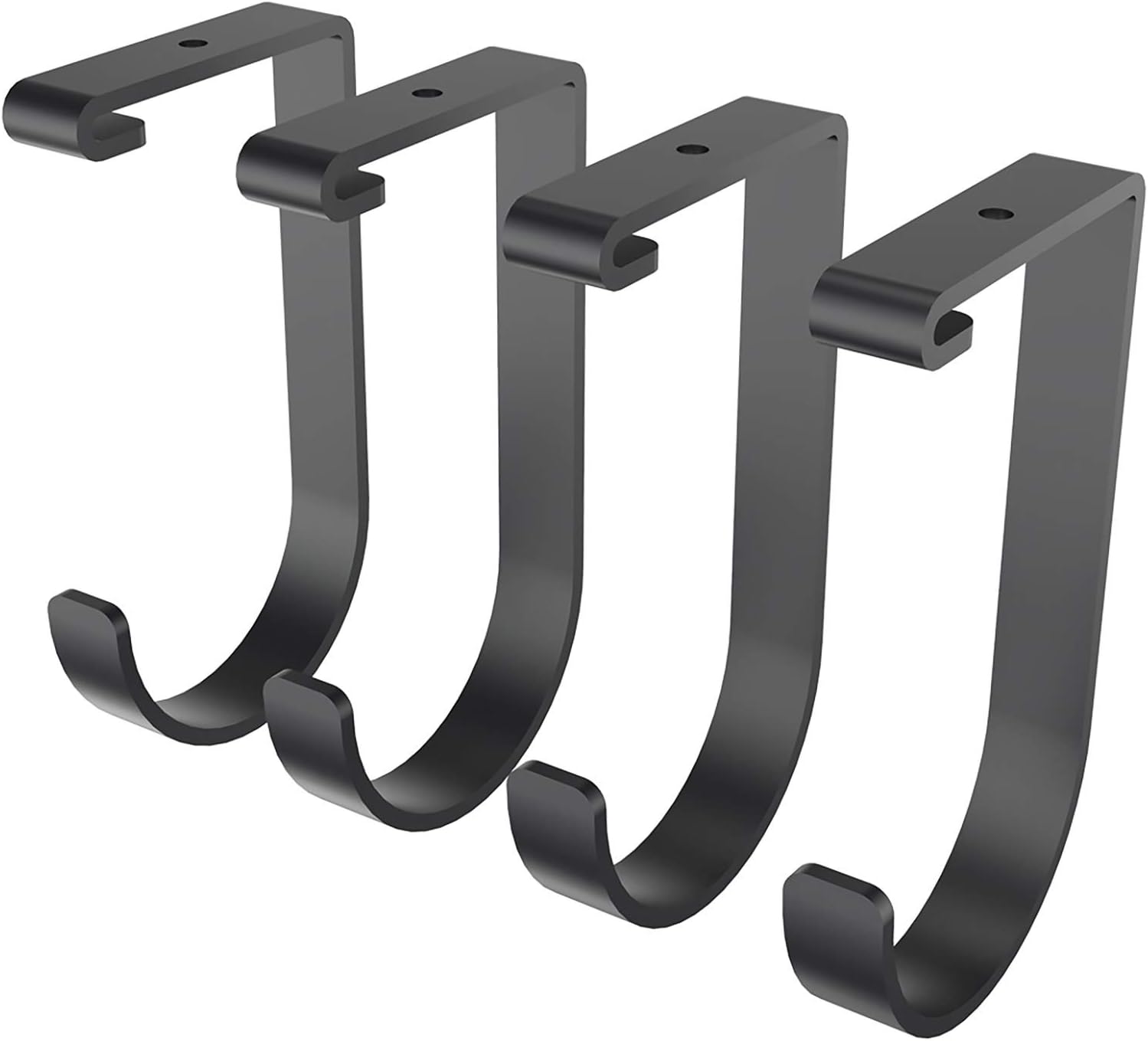 Four black flat storage hooks designed as overhead rack add-ons