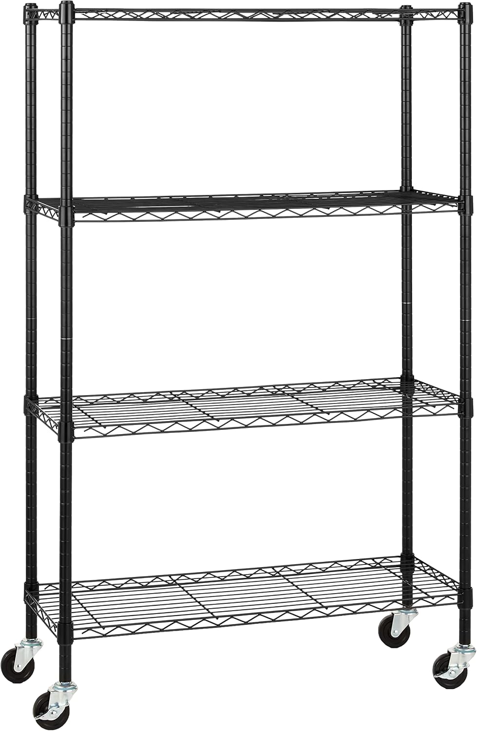 Amazon Basics 4-Shelf Heavy Duty Garage Shelving Storage Unit on 3" Wheel Casters, Adjustable Metal Wire Rack with Leveling Feet, 36" x 14" x 57.75", Black