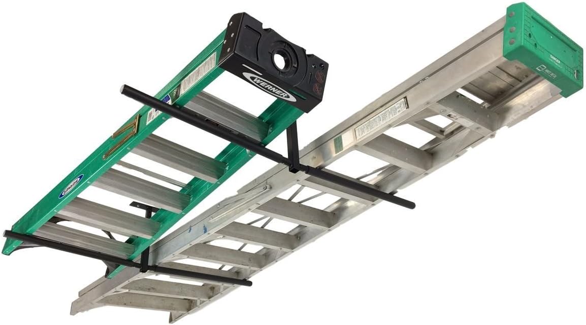 Adjustable ceiling mounted overhead ladder rack for step and extension ladders