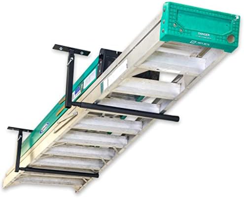 StoreYourBoard Adjustable Overhead Ladder Rack, Garage Organizer Ladder Shelf for Step and Extension Ladders, Ceiling Mounted, Holds 75 lbs