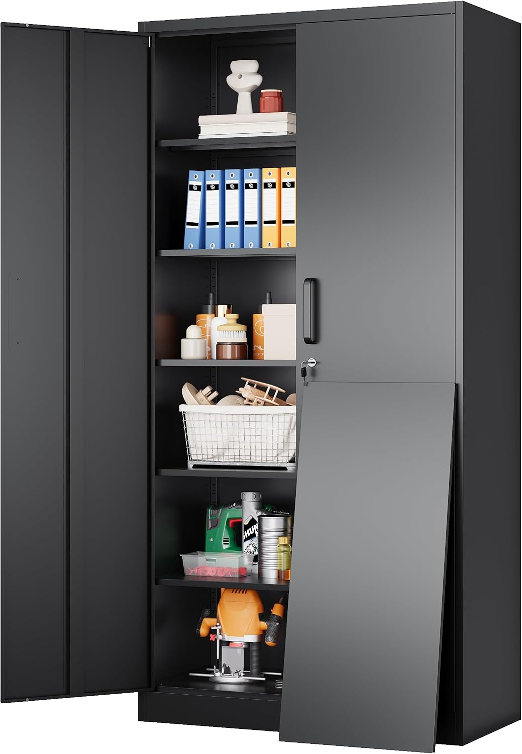SISESOL Wide and Deep Metal Storage Cabinet with 2 Doors and 5 Adjustable Shelves, 72x36x18, Black, Locking