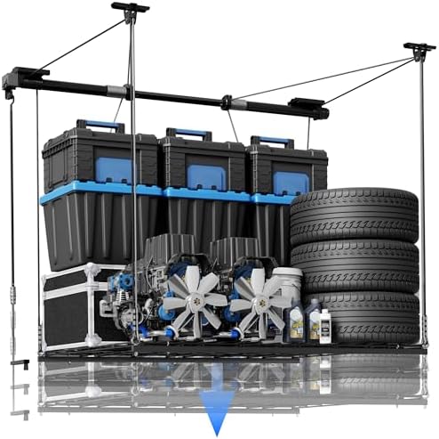 FLEXIMOUNTS GL1 Overhead Garage Lifting Storage Rack, 4x4 Ft Heavy-Duty Metal Garage Ceiling Rack, Adjustable Organization System With 71''L Axle, 350lbs Weight, Black