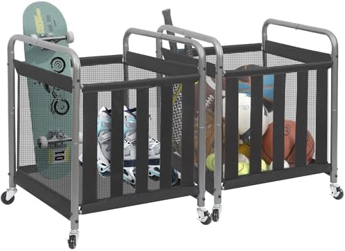 STORAGE MANIAC Ball Storage Bin Rolling Sports Ball Cart, Metal Garage Organizer Sport Rack Basketball Storage Cage for Garage or Gym, Indoor & Outdoor Sports Equipment Organizer