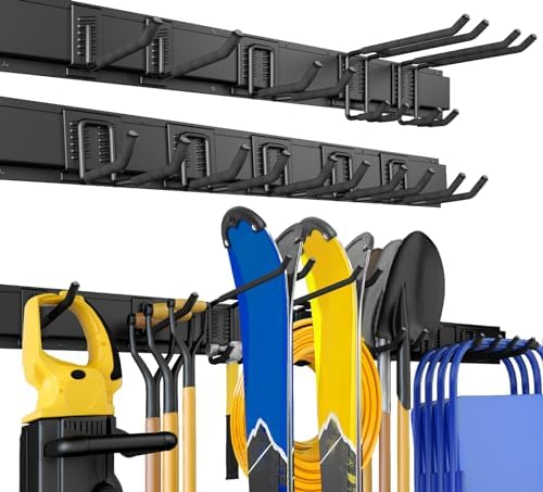 64 Inches Garage Storage, UUP Garage Organization Wall Mount Garden Tool Organizer, 620lbs Adjustable Metal Hooks, Yard Shed Rail Rack, Lawn Tool Holder for Hanging Rake Broom Mop Snowboar
