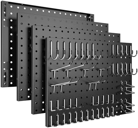 Spampur Peg Board, 4 Pack Metal Black Pegboard Panels with 50 Hooks