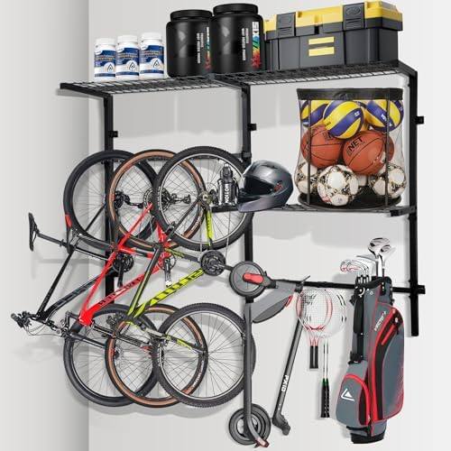 Sports Equipment Storage for Garage - Indoor/Outdoor Sports Rack Wall Mounted with 2 Shelf Sports Equipment Storage for Garage with Hooks Toy/Sports Gear Storage 500 Pounds Capacity