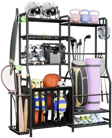 Faesun Sports Equipment Organizer, Heavy Duty Ball Storage Rack with Basket & Hooks, Garage Golf Bag Holder, Indoor/Outdoor Ball Storage Bins for Toy Sports Gear Storage