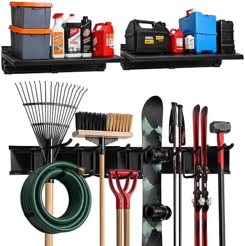 TIDYME Garage Tool Organizer Wall Mount 64 inch, 2 Shelves and 4 Double Hooks