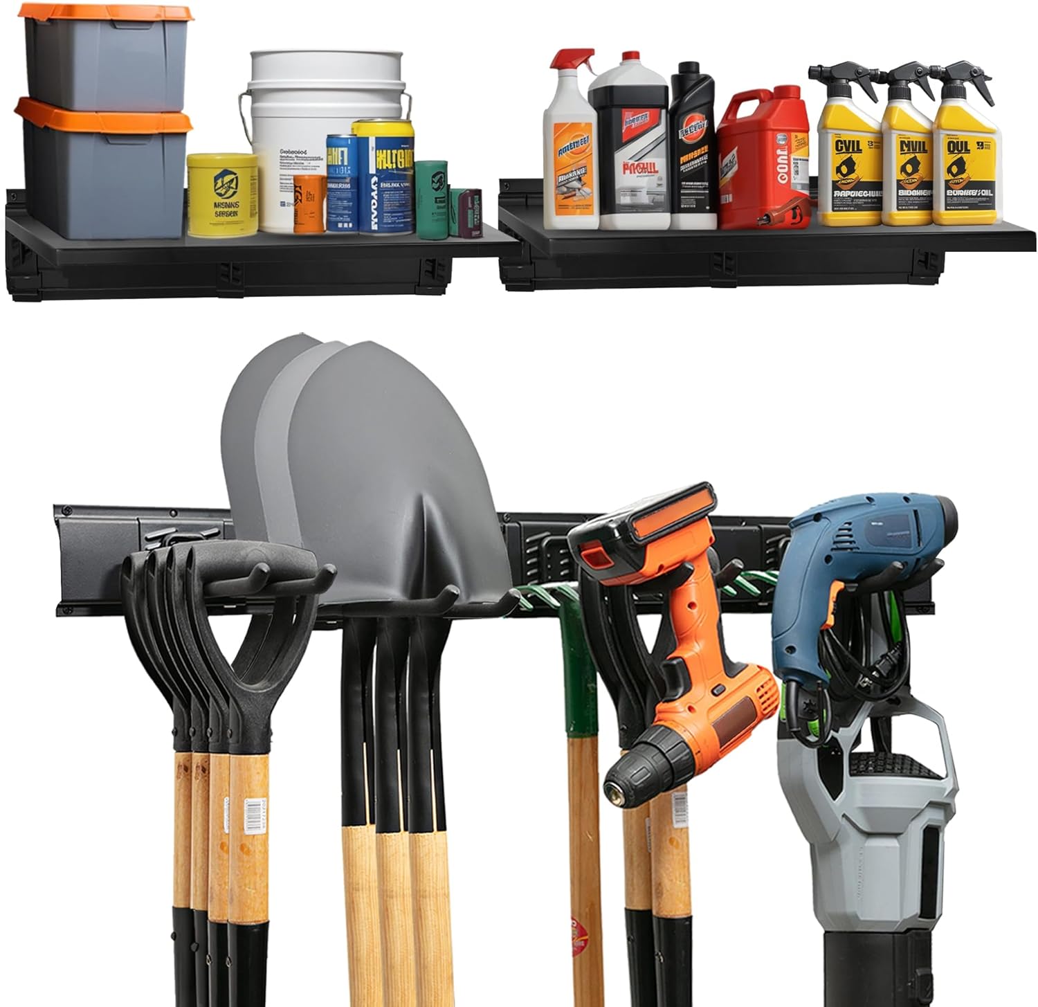 TIDYME Garage Tool Organizer Wall Mount 64", 2 Shelves & 4 Single Hooks