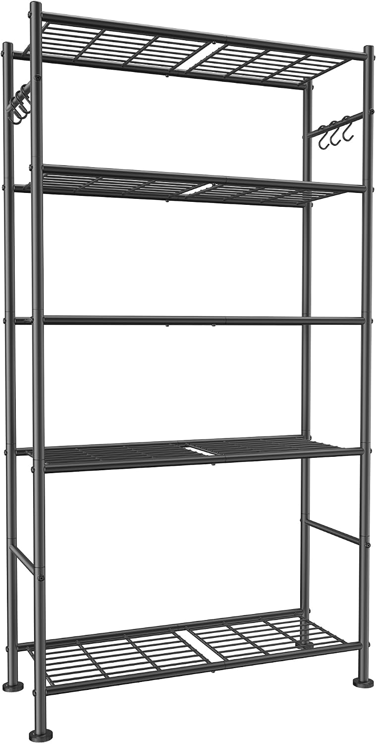 Sakugi Storage Shelves, 5-Tier Large Capacity Shelf Organizer with Hooks, Heavy-Duty Garage Shelving with Leveling Feet, 32.1 x 12.4 x 71.4 in, Black