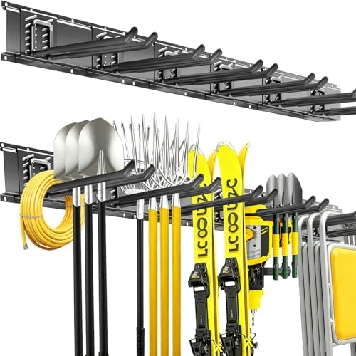 CRXCRC Garage Tool Organizer Wall Mount, 48 Inch Heavy Duty Garden Tool Organizer Storage System, Easy Install with 6 Adjustable Straight Hooks, for Garage, Basement, Shed, Workshop, Black