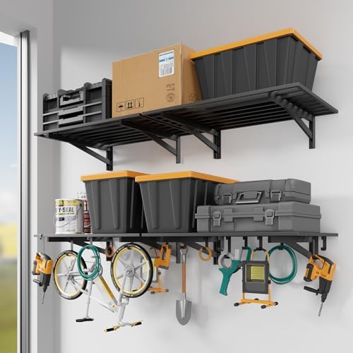 Jusgym 4 Pack Wall Mounted Garage Shelving with 16 Hooks, 2x3ft, 1000lbs