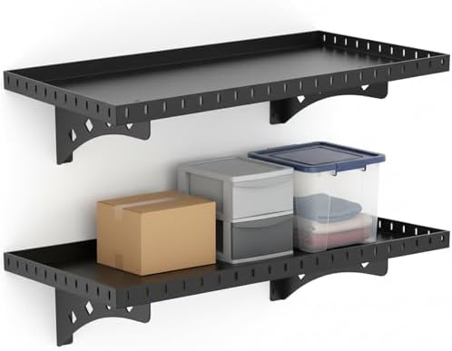 2 Pack Garage Wall Shelf, 1X2 Ft Heavy Duty Shelving, for Garage, Power Tools, Toolbox, Storage Shelves with for Workshop Office, Holds Up to 100 Lbs (Black)