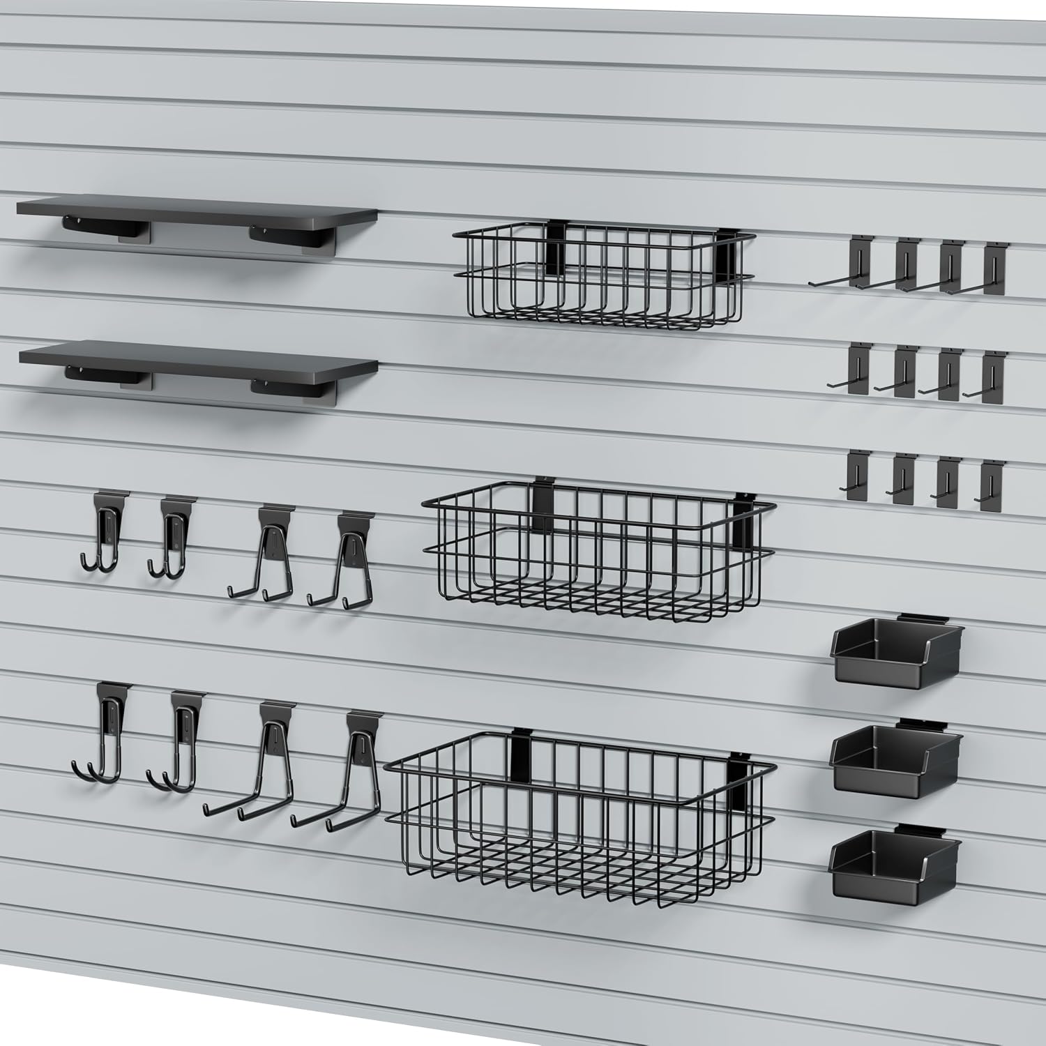 35Pcs Slatwall Accessories Kit, with Slatwall Hooks, Baskets, Shelves, Bins