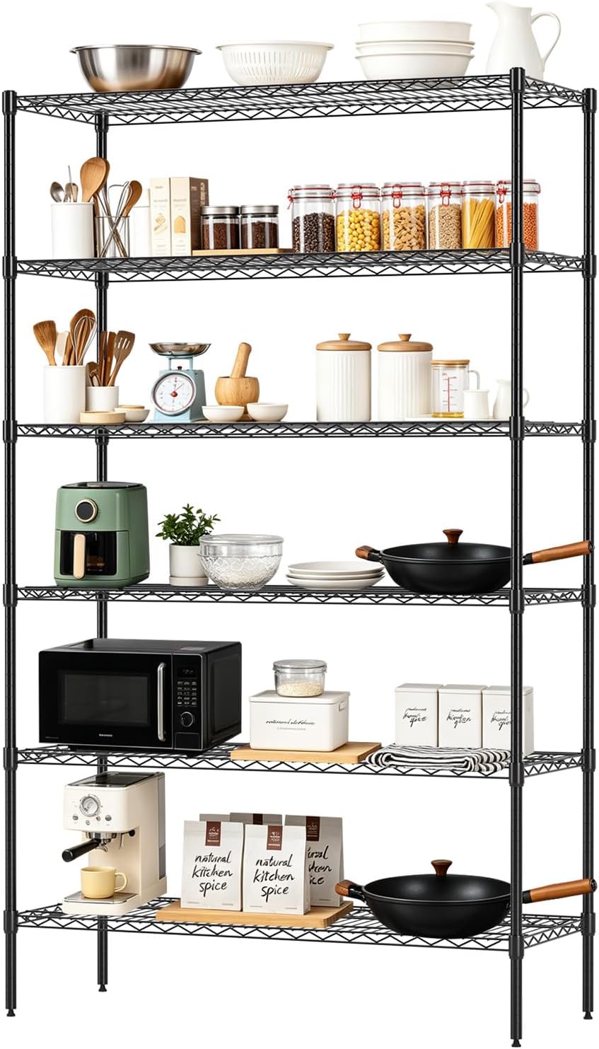FDW 16" D×42" W×72" H Wire Shelving Unit Commercial Metal Shelf with 6 Tier Adjustable Layer Rack Strong Steel for Restaurant Garage Pantry Kitchen Garage，Black